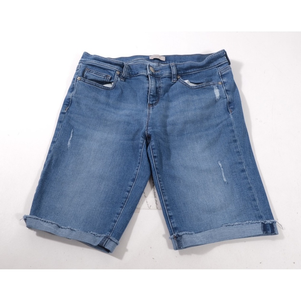 LOFT Shorts Women 31 Blue Bermuda Denim Mid Rise Distressed Raw Hem Stretch